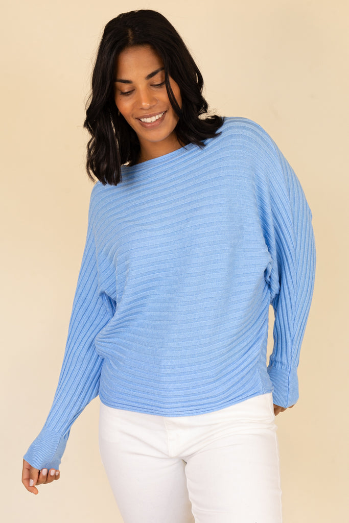 Blue Ribbed Batwing Knit