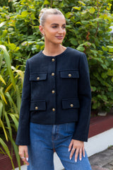 Quinn Cropped Buttoned Navy Jacket