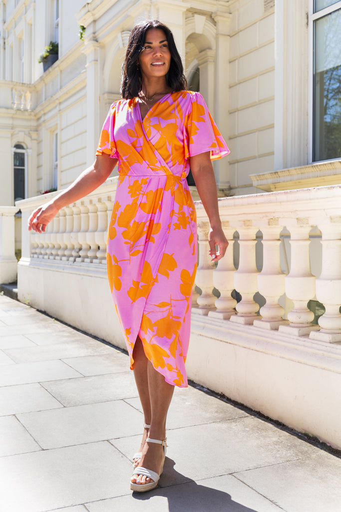 Nakita Lilac & Orange V-Neck Wrap Midi Dress