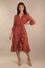 Ruby Red & Gold Print Chiffon Dress