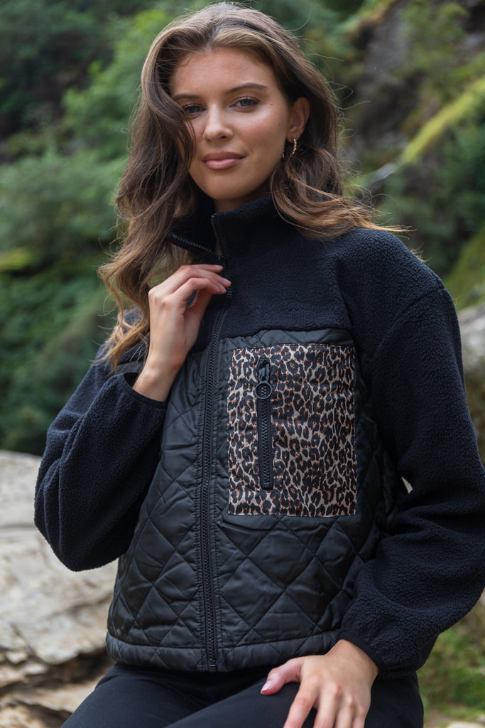 Lindsey Black Leopard Pocket Fleece Jacket