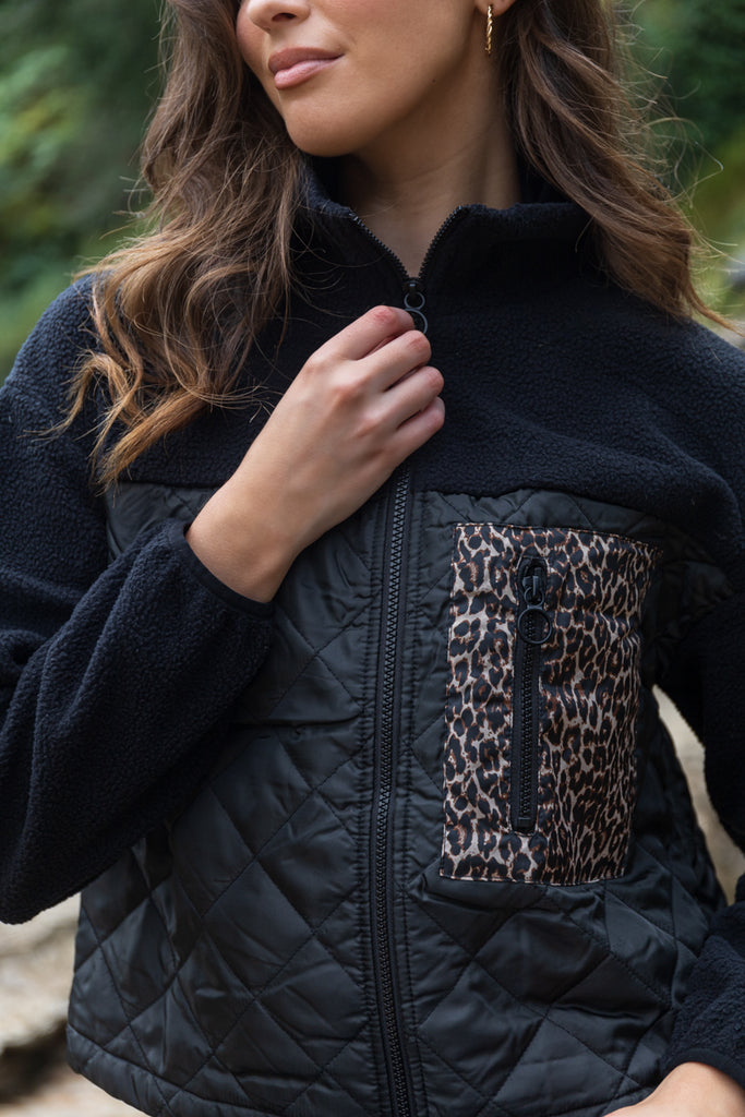 Lindsey Black Leopard Pocket Fleece Jacket