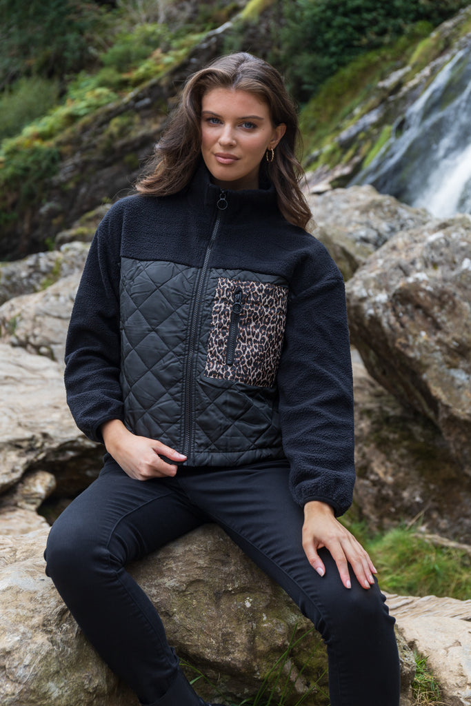Lindsey Black Leopard Pocket Fleece Jacket