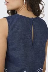 Margot Medium Blue Denim Embroidered Top