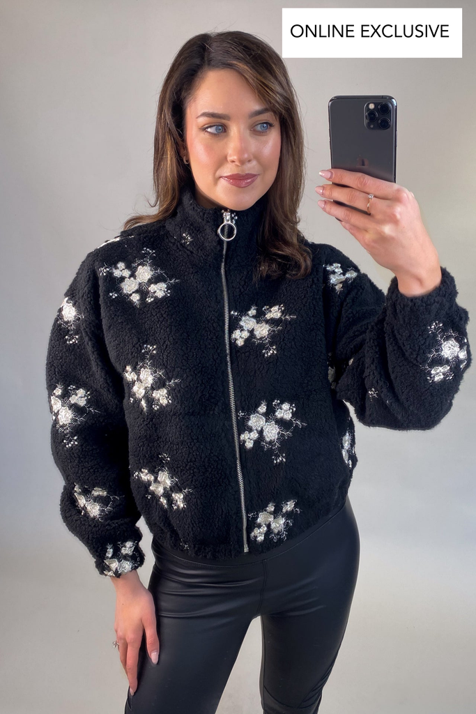 Valentina Black Floral Embroidered Zip Fleece