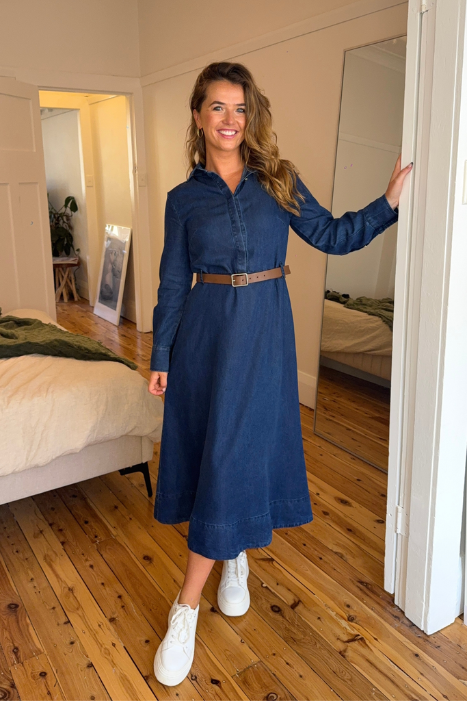 Kennedy Dark Blue Belted Denim Dress