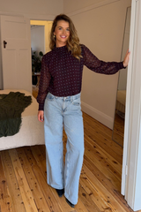 Jade Brown & Blue Chiffon Polka Dot Top