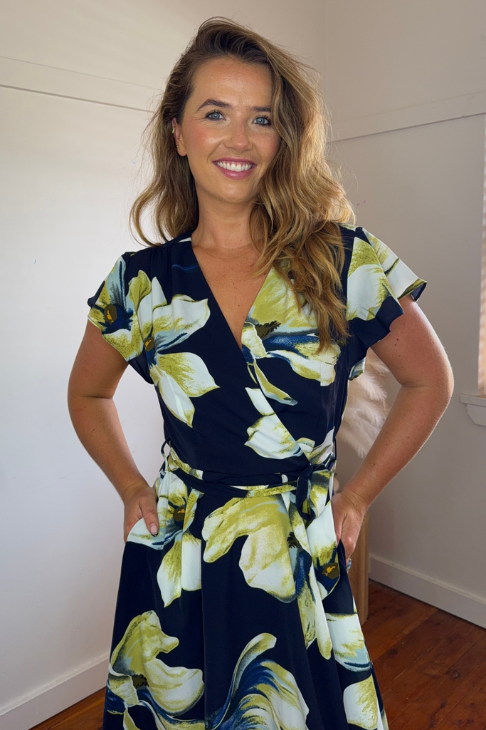 Nala Navy Belted Midi Dress