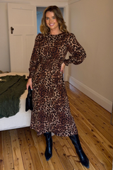 Leila Brown Leopard Printed Midi Dress