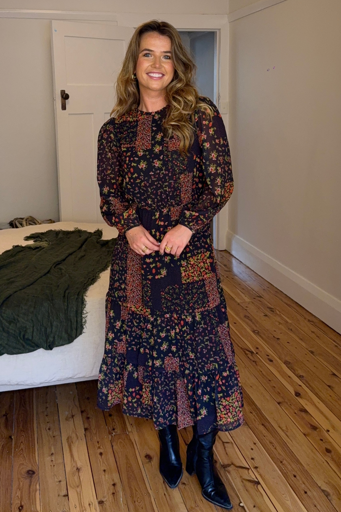 Delilah Black Floral Chiffon Printed Midi Dress