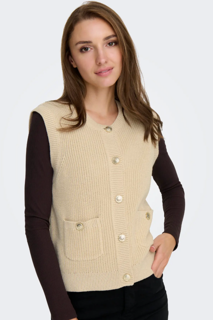 Stella O-Neck Beige Button Vest Top