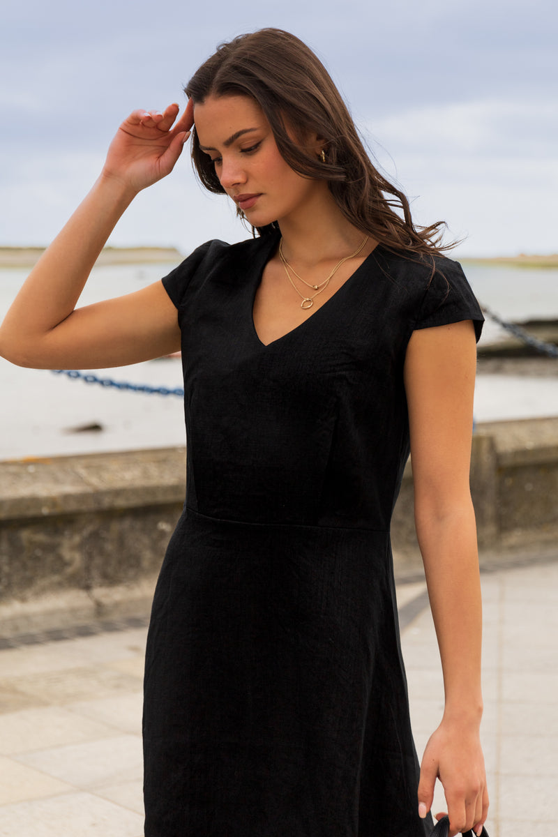 Louisa Black Linen Cap Sleeve Dress