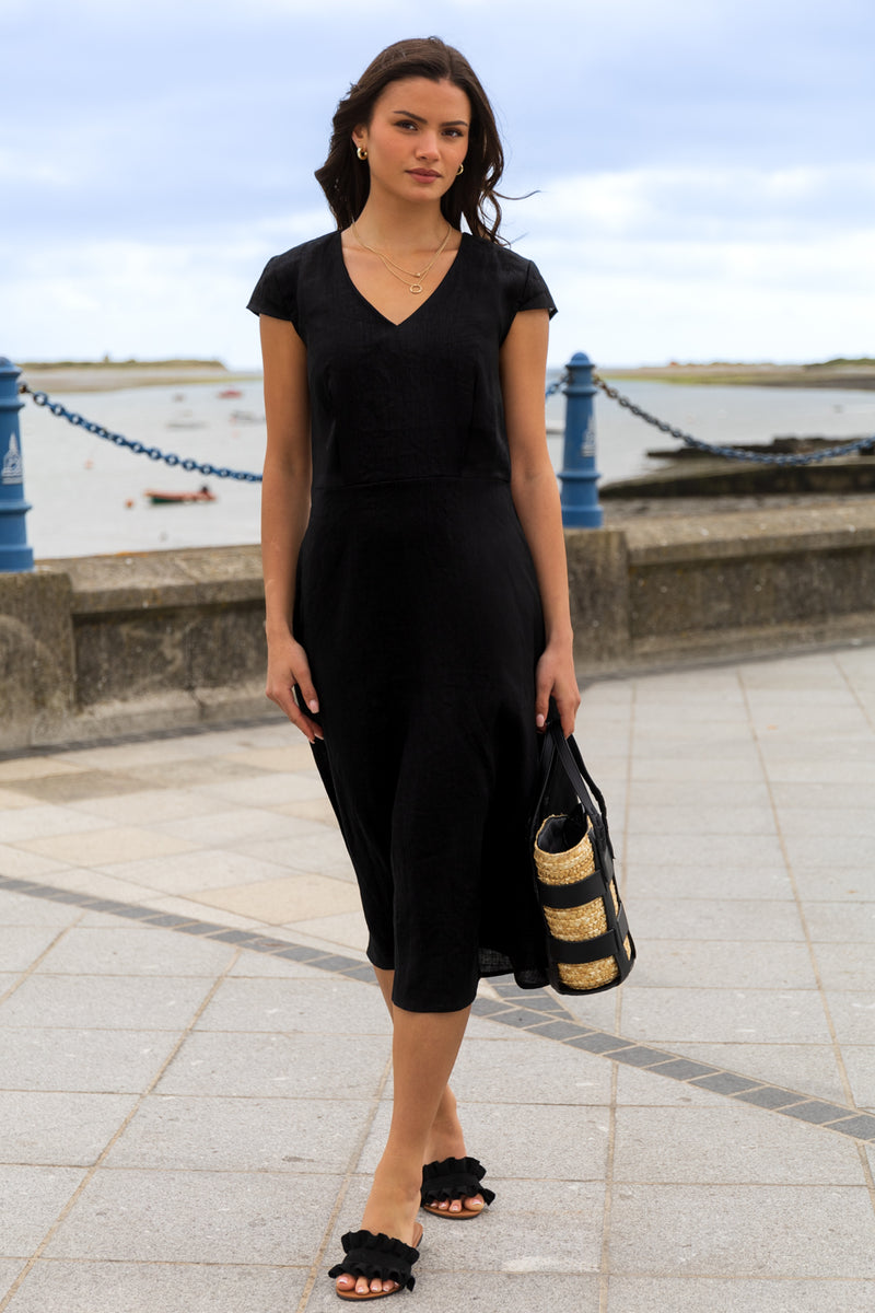 Louisa Black Linen Cap Sleeve Dress