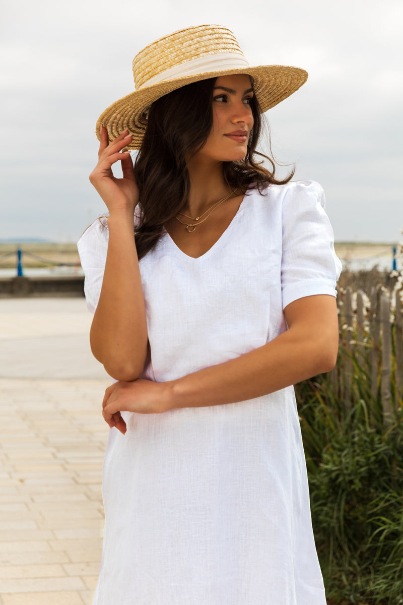 Camilla White Linen Puff Sleeve Dress