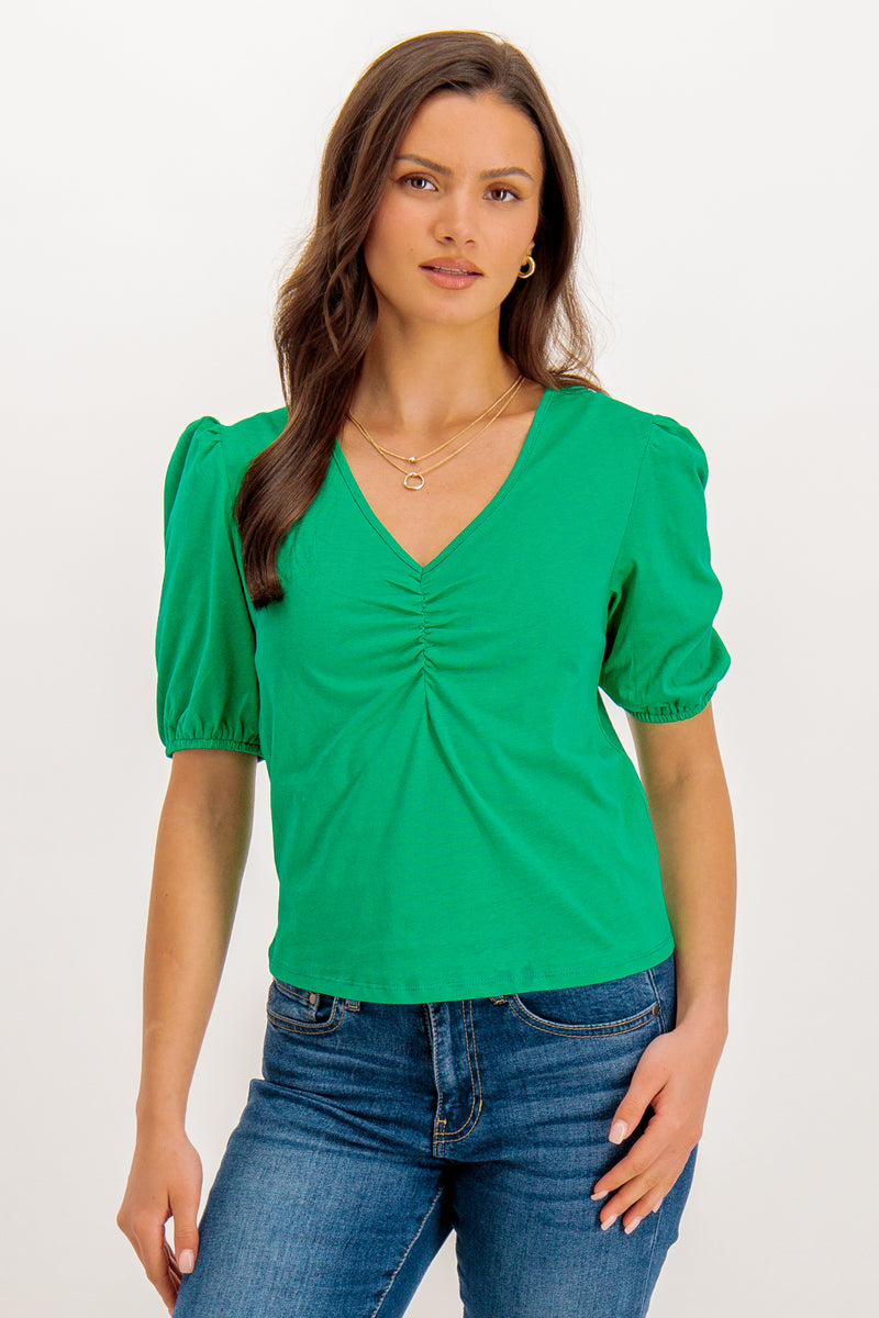 Brie Green V- Neck Knot Front Tee