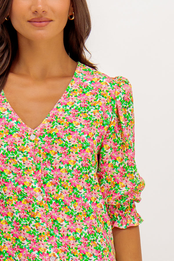 Green Floral Phoebe Button Top