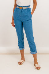 High Waisted Blue Denim Belted Trousers