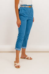 High Waisted Blue Denim Belted Trousers