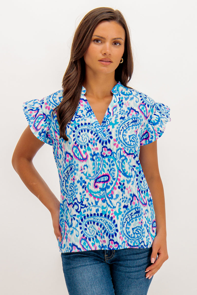 Blue Paisley Print Sandy Frill Sleeve Top