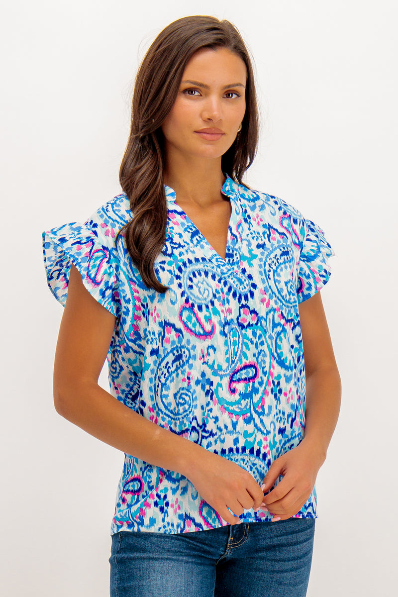 Blue Paisley Print Sandy Frill Sleeve Top