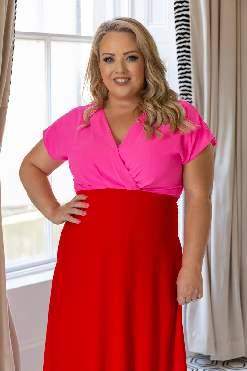 Willow Pink & Red Cap Sleeve Midi Dress