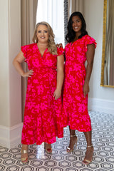 Donna Red & Pink Floral Midi Dress
