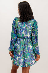 Falia V-Neck Blue & Green Print Chiffon Dres