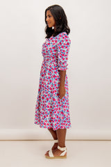 Simone White & Pink Floral Midi Dress