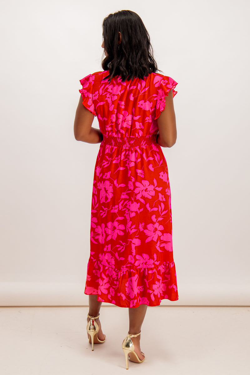 Donna Red & Pink Floral Midi Dress