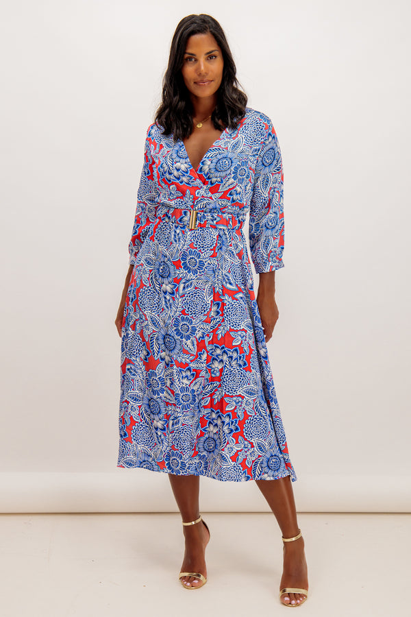 Isla Blue Floral Print Belted Midi Dress