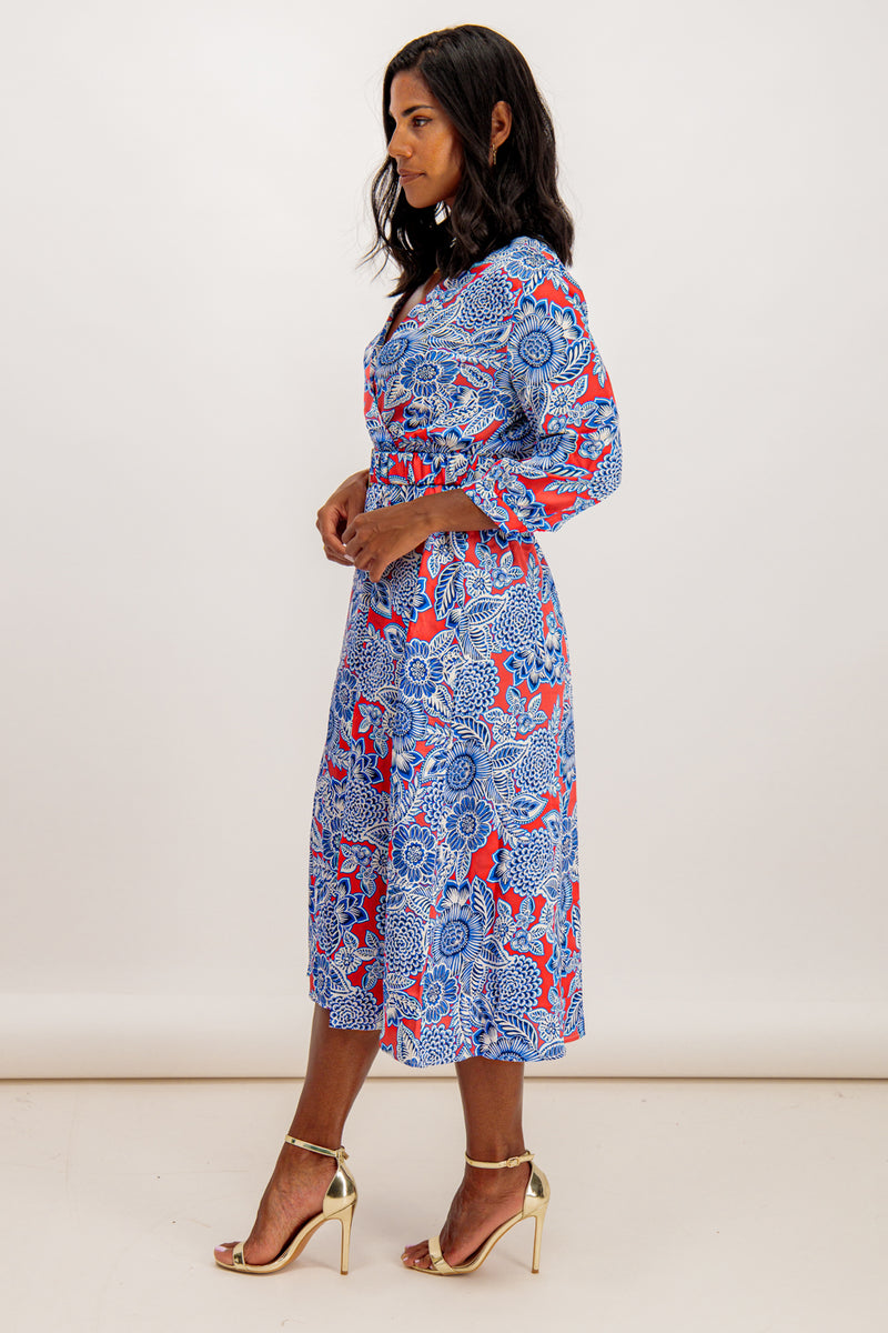 Isla Blue Floral Print Belted Midi Dress