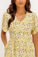 Marie Yellow Ditzy Floral Button Dress