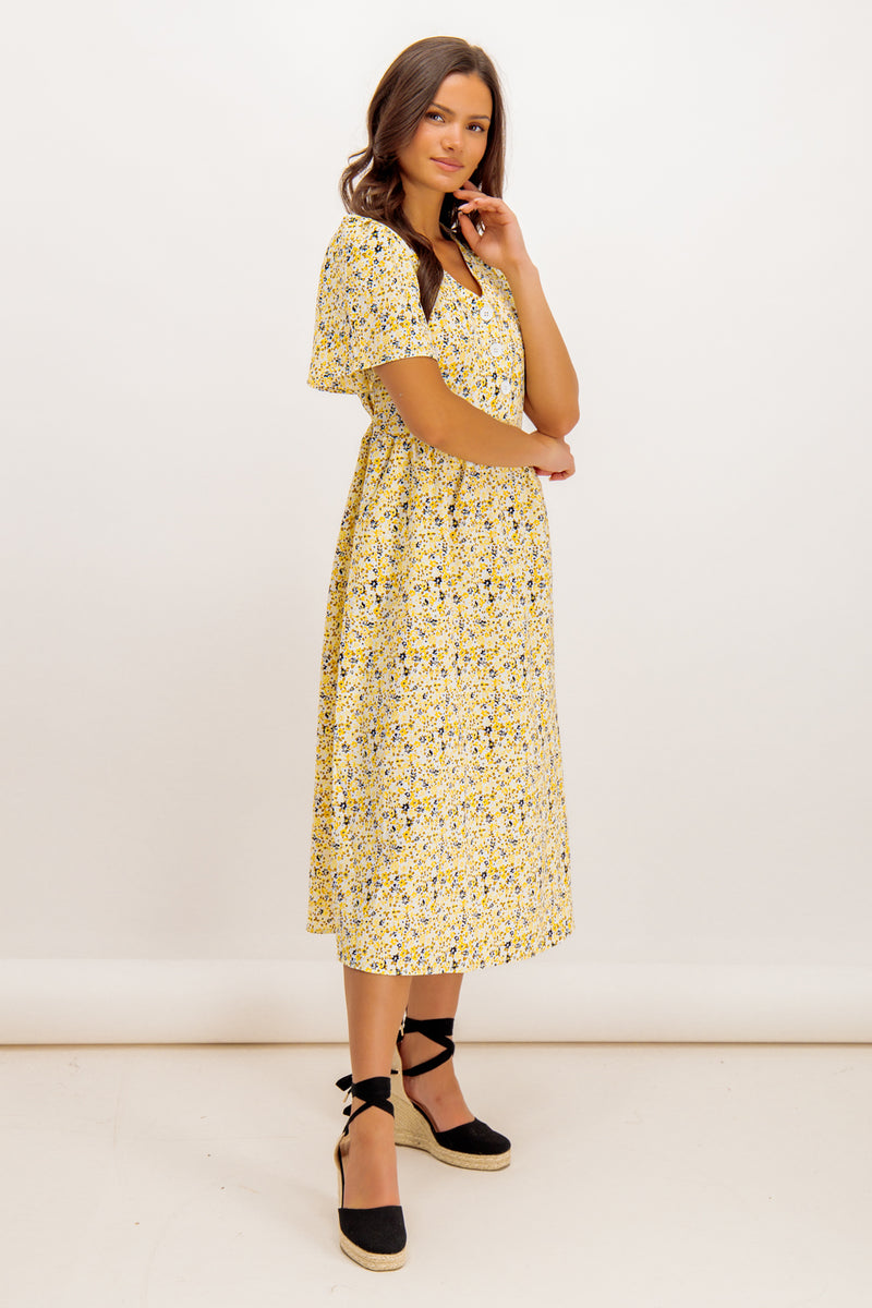 Marie Yellow Ditzy Floral Button Dress