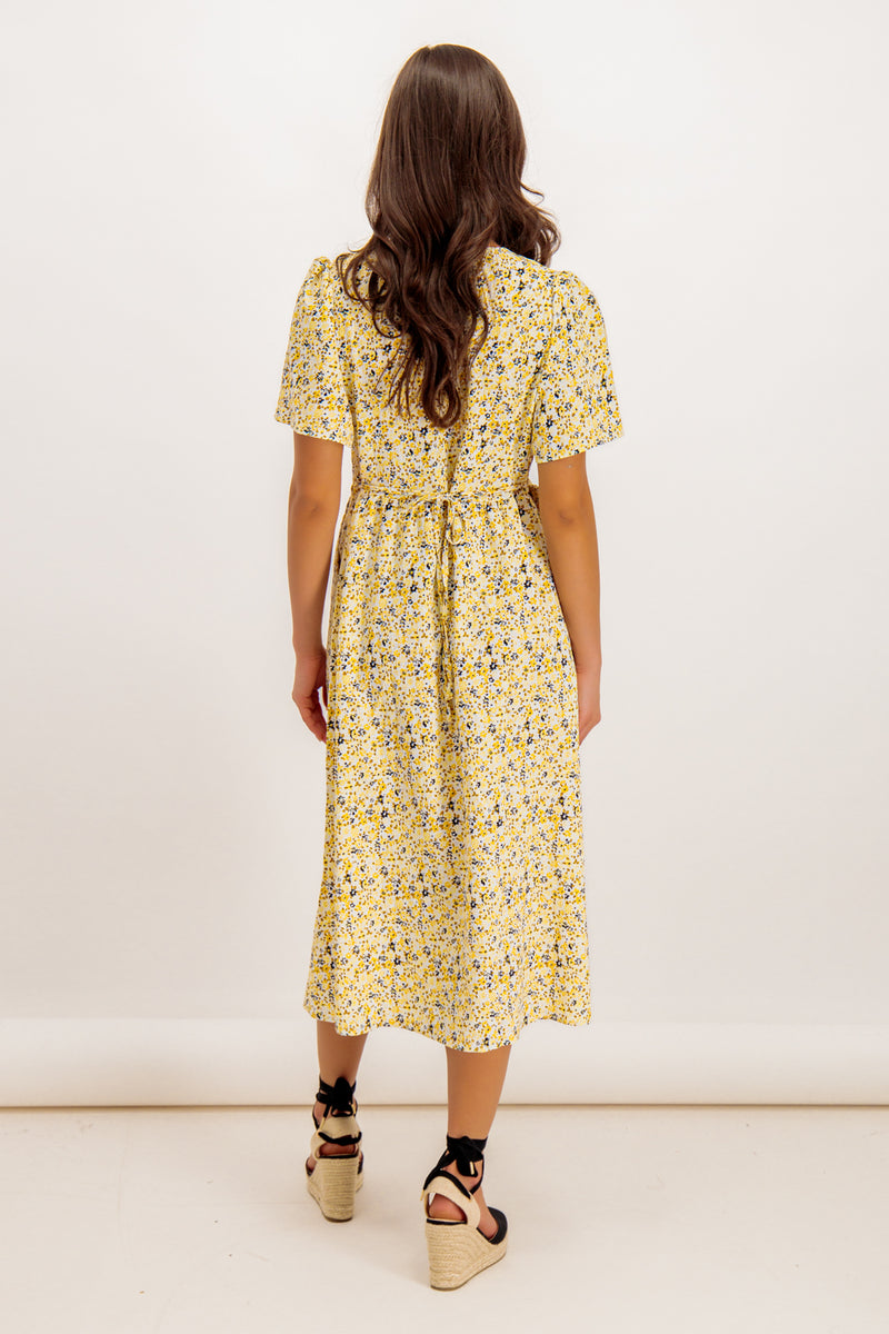 Marie Yellow Ditzy Floral Button Dress