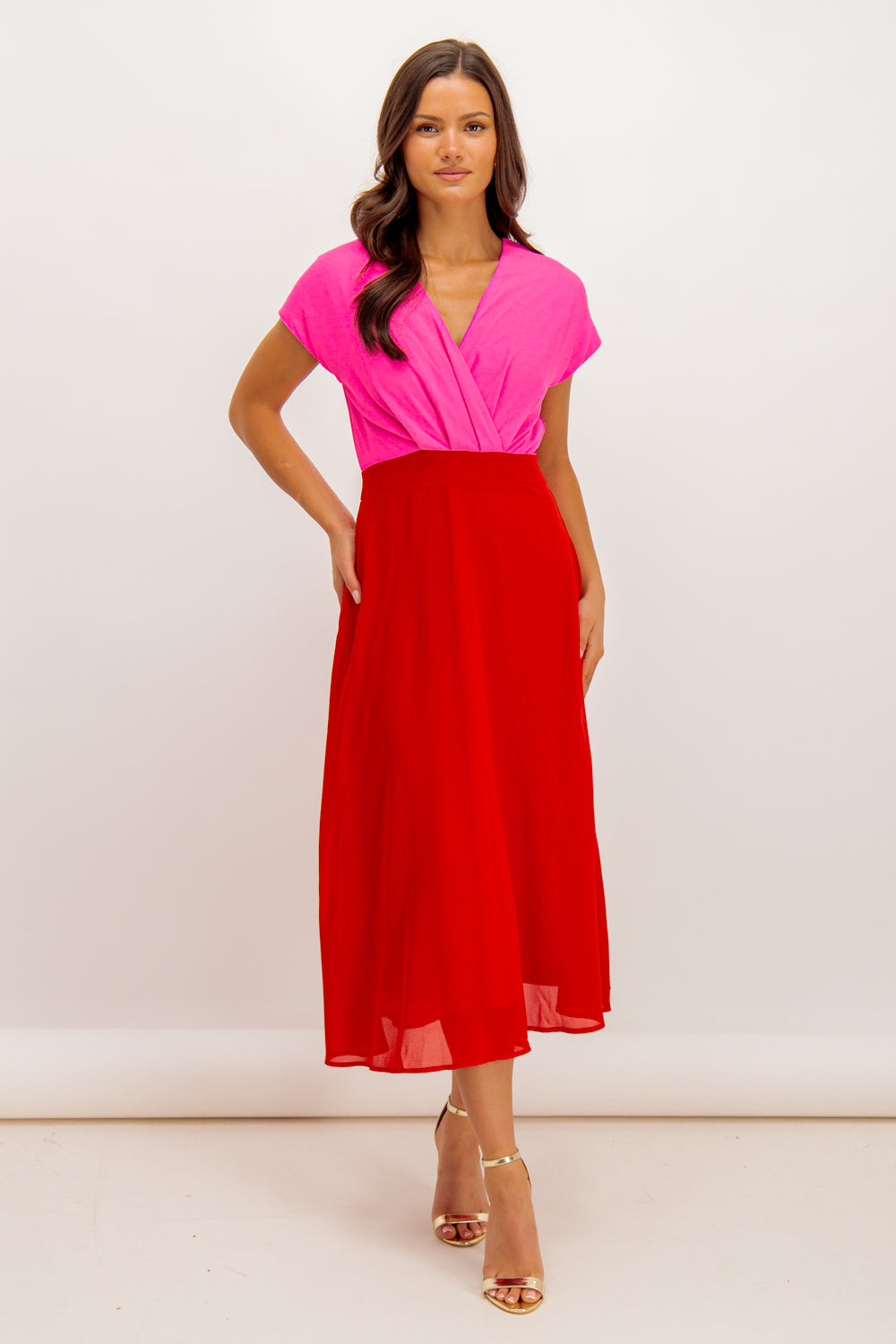 Willow Pink & Red Cap Sleeve Midi Dress