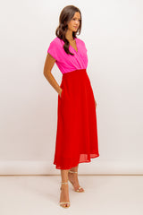 Willow Pink & Red Cap Sleeve Midi Dress