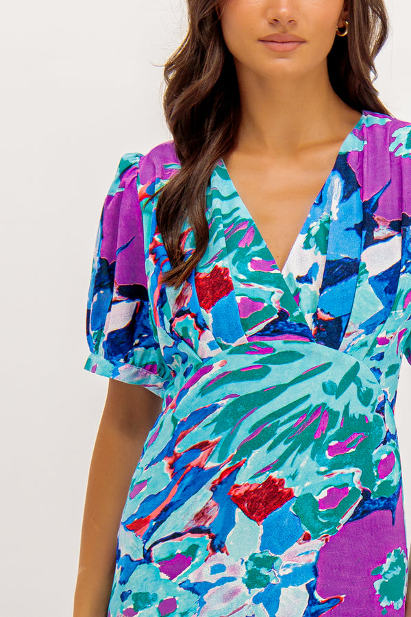 Melanie Multi Print V- Neck Midi Dress