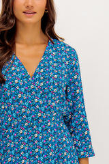 Sarah Blue Ditzy Floral Printed Wrap Dress