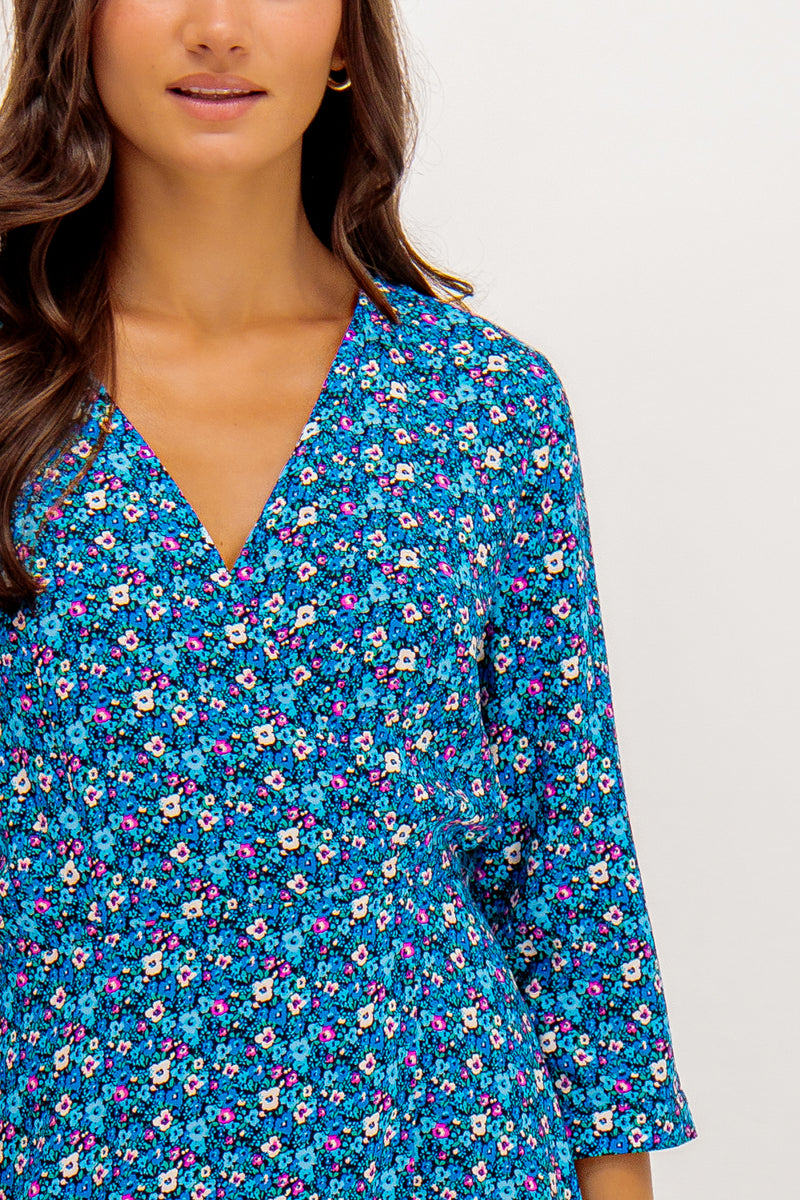 Sarah Blue Ditzy Floral Printed Wrap Dress