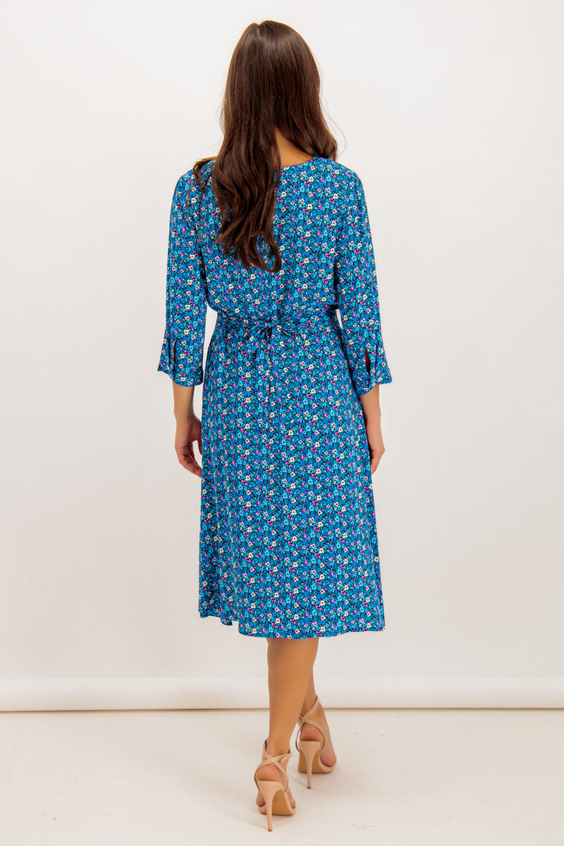 Sarah Blue Ditzy Floral Printed Wrap Dress