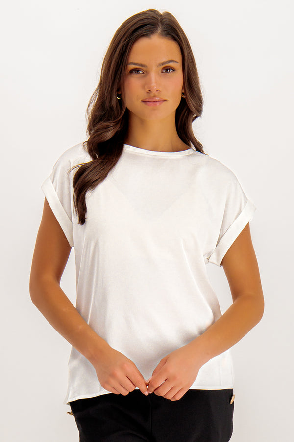 Ellie White Satin Look Short Sleeved Top