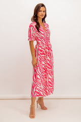 Cora Button Pink & White Zebra Midi Dress