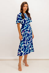 Navy and White Abstract Wave Print Niko Dress