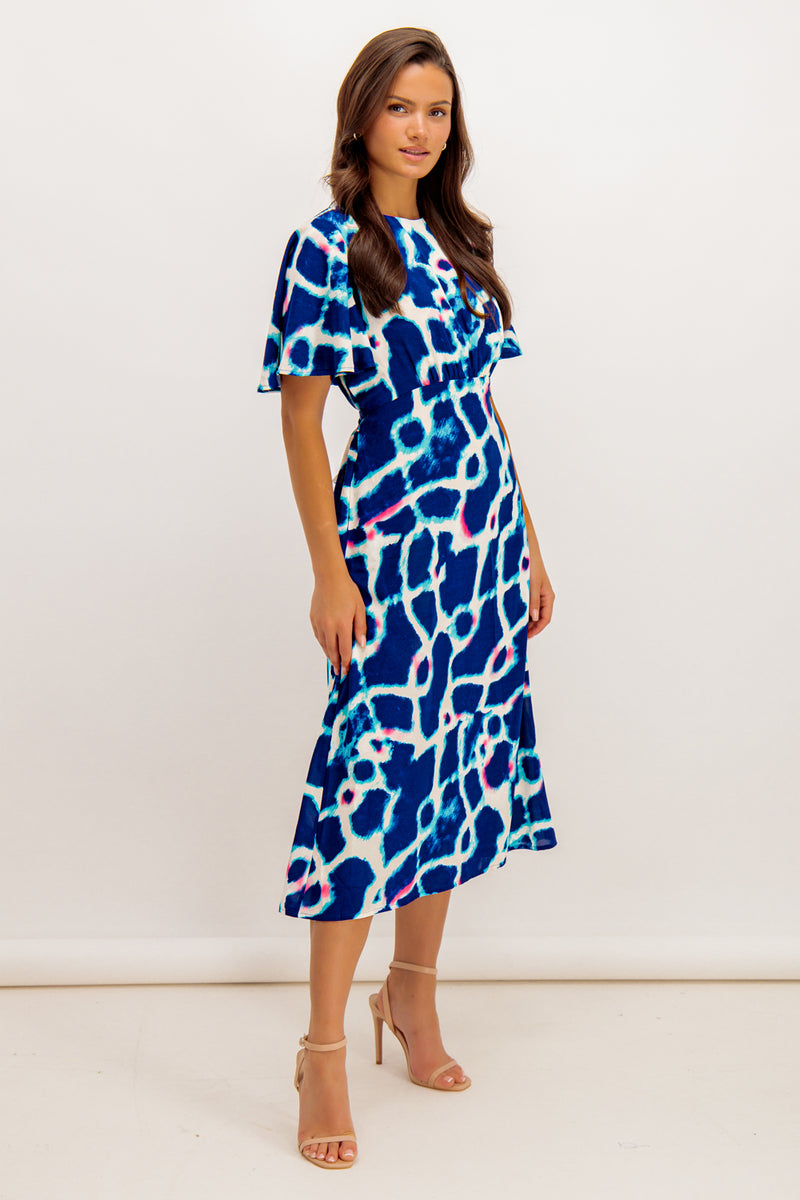 Navy and White Abstract Wave Print Niko Dress
