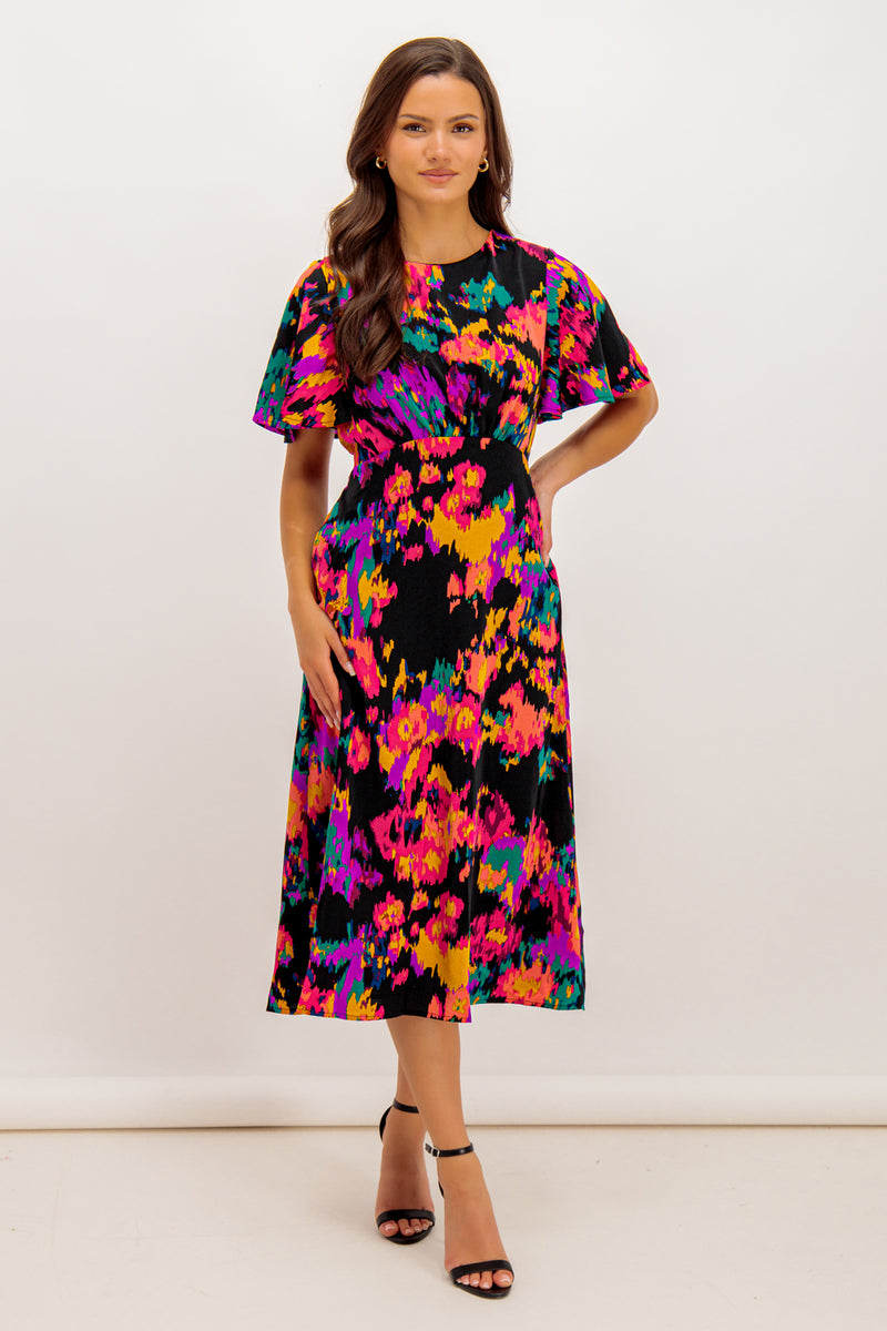 Niko Black Colour Splash Midi Dress