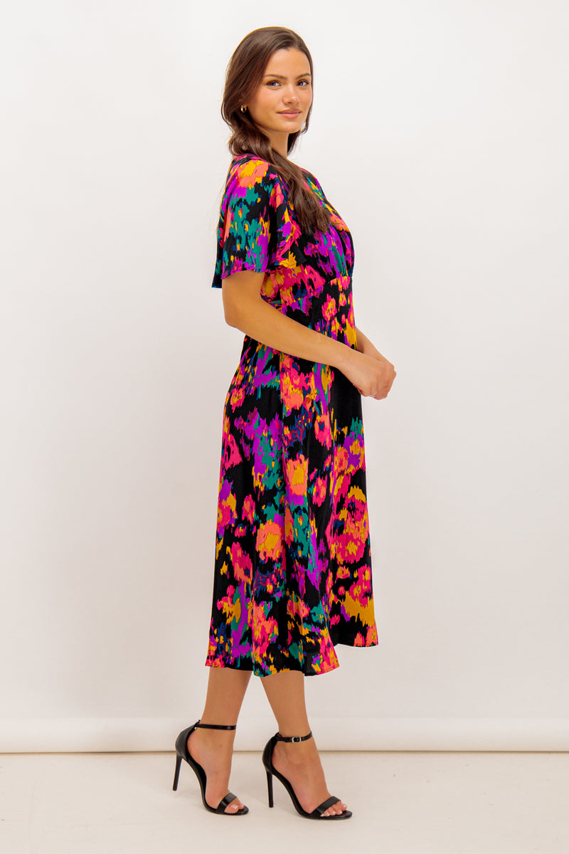 Niko Black Colour Splash Midi Dress