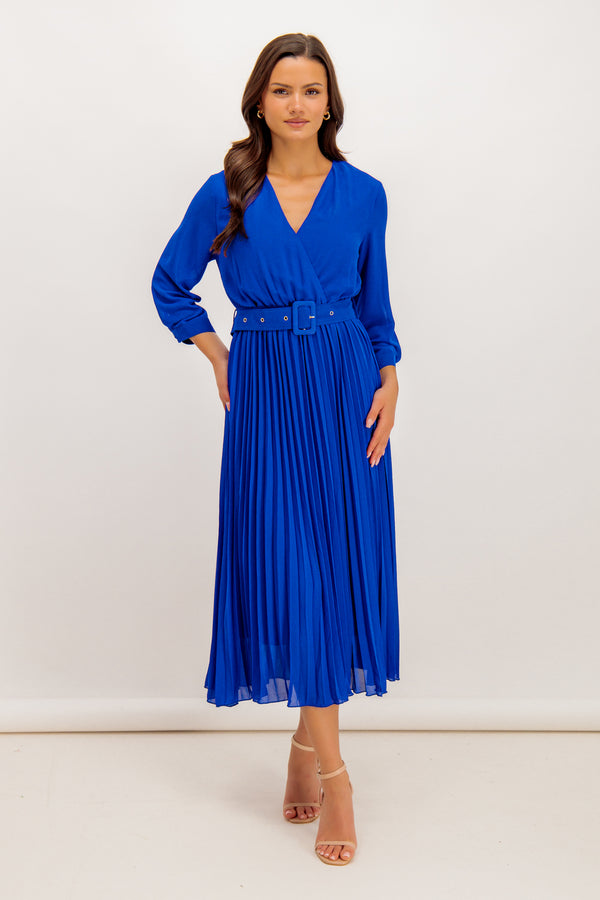 Zoey Belted Royal Blue Pleated Midi Dress