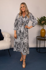 Isla Black & White Print Belted Midi Dress