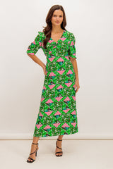 Miri Green Printed V-Neck Midi Dress