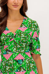 Miri Green Printed V-Neck Midi Dress